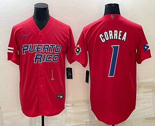 Mens Puerto Rico Baseball #1 Carlos Correa Number 2023 Red World Baseball Classic Stitched Jersey